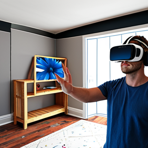 **

Interior design scene. A person wearing VR headset, stands inside a partially renovated room. The room blends digital VR elements (floating design options, blueprints) with tangible, real-world construction materials and tools. Emphasize the fusion of technology and hands-on work.

**
