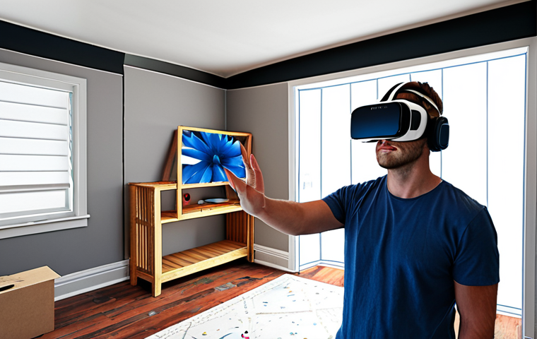**

Interior design scene. A person wearing VR headset, stands inside a partially renovated room. The room blends digital VR elements (floating design options, blueprints) with tangible, real-world construction materials and tools. Emphasize the fusion of technology and hands-on work.

**