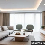 홈디자인 실내 레이아웃 구성 방법 - A modern Japanese living room emphasizing smooth traffic flow from the entrance to the kitchen, feat...