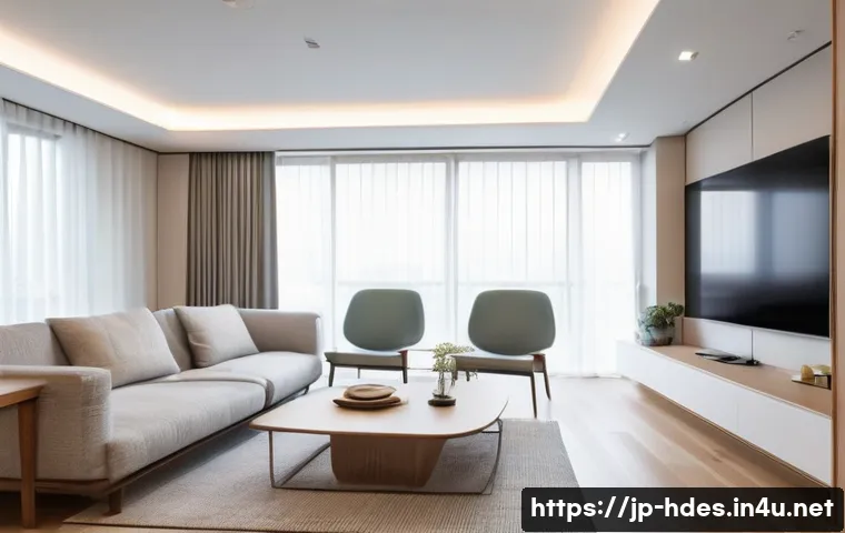 홈디자인 실내 레이아웃 구성 방법 - A modern Japanese living room emphasizing smooth traffic flow from the entrance to the kitchen, feat...